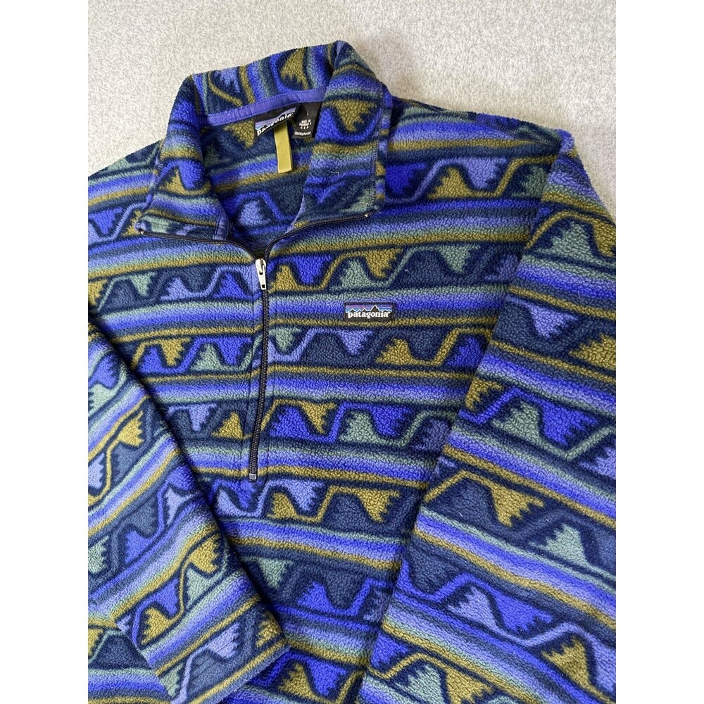 Vtg Patagonia Delta Mineral Blue Printed Synchilla Fleece Half-Zip USA FA99 Lg